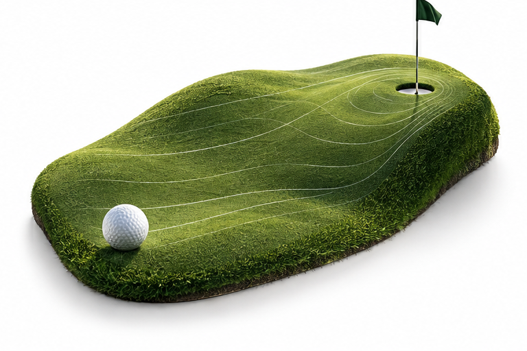 Sloping golf green with contour lines, a ball and a flag